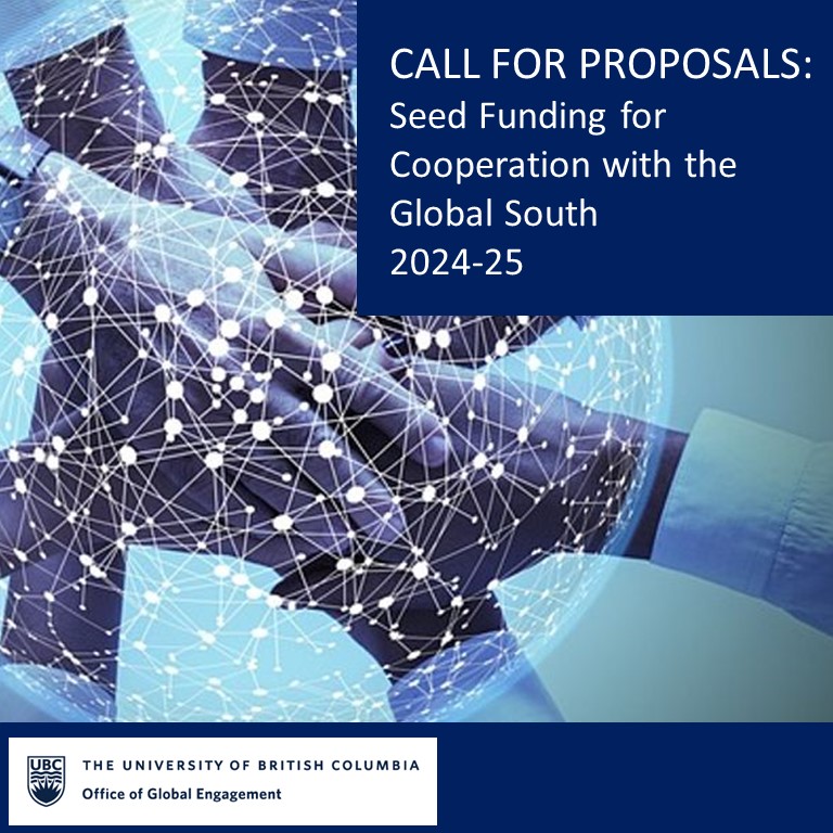 Several people joining hands, with the text 'Call for Proposals: Seed funding for cooperation with the Global South 2024-25'