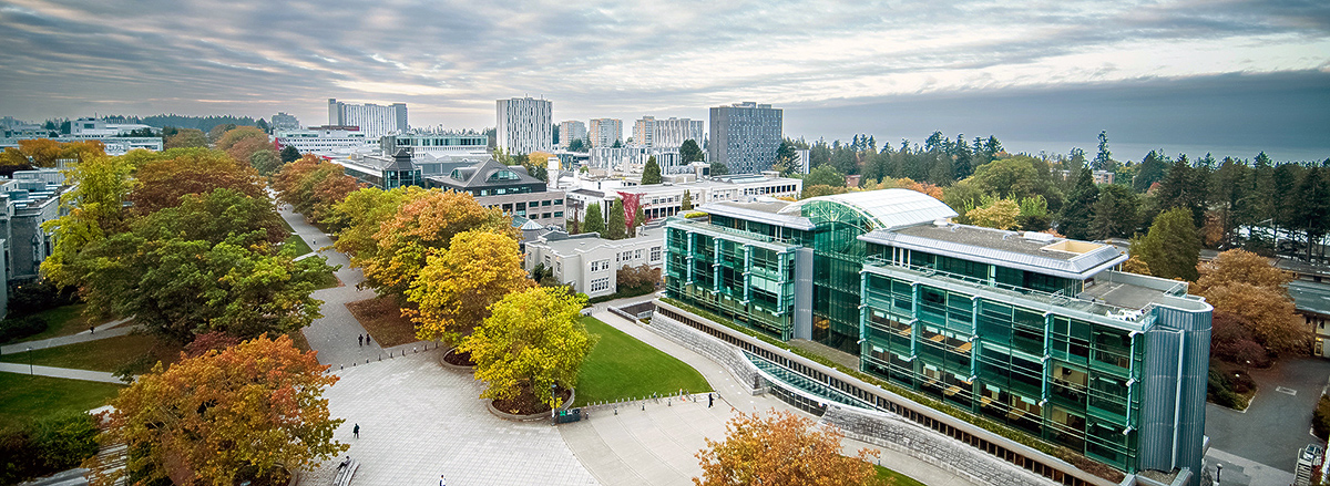 Koerner Library and Plaza as seen from the air, looking south