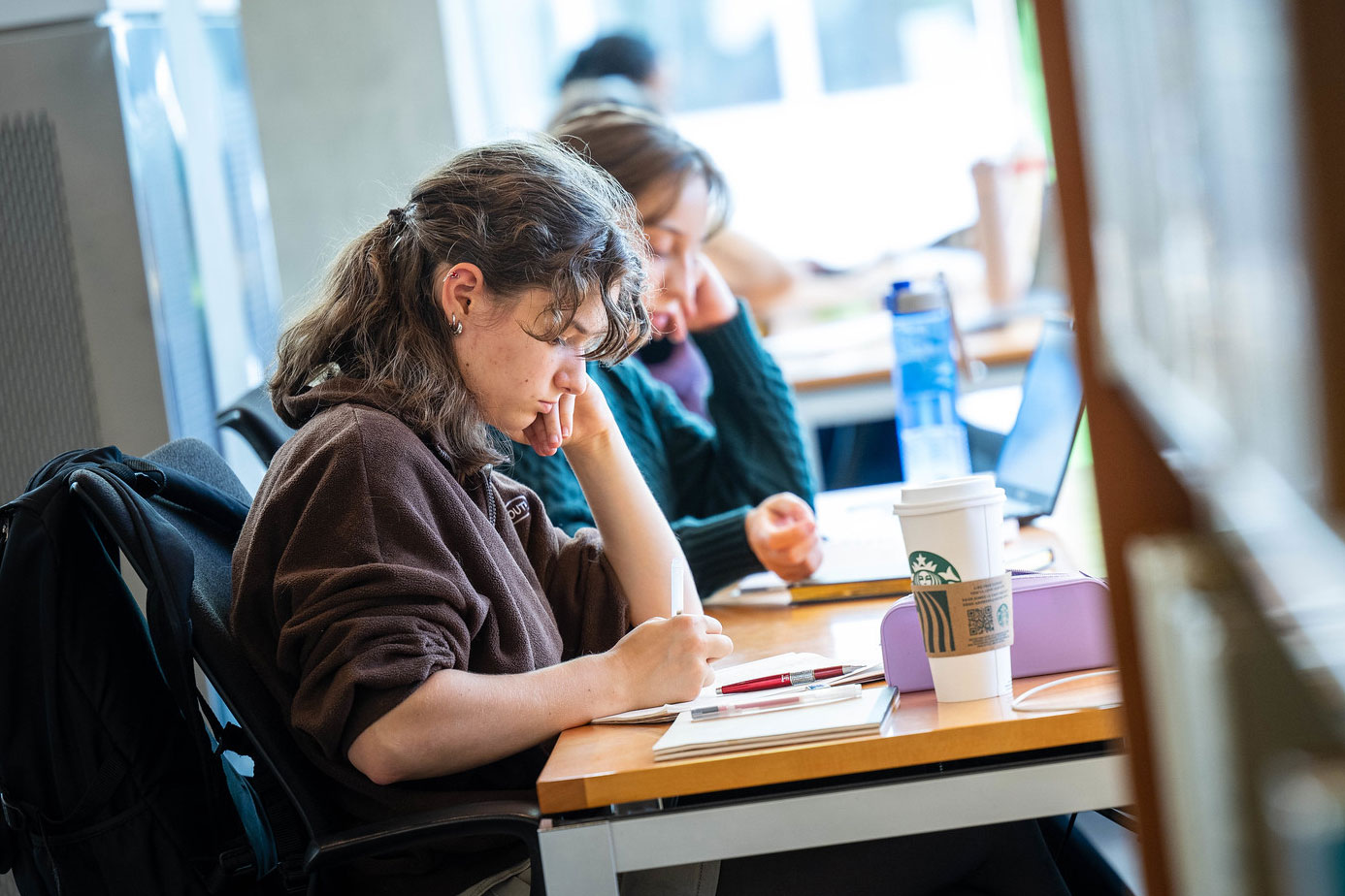 Two students studying in the Allard Law Library.