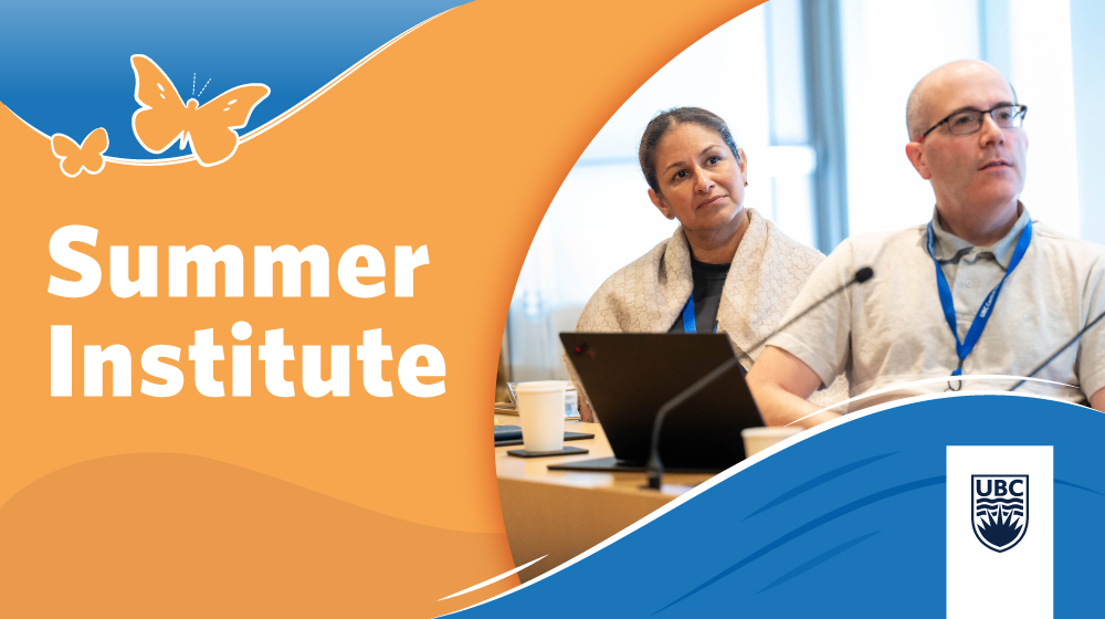 An orange and blue banner for the Summer Institute, featuring two faculty members facing an off-screen speaker
