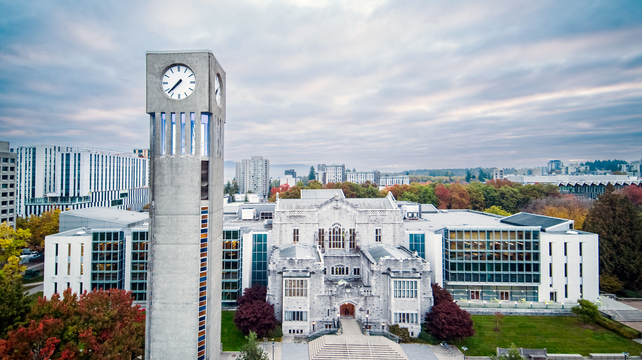 The Ladner clock tower and the Irving K. Barber Learning Centre at UBC