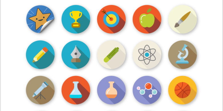 Screenshot of the digital stickers menu, with the text 'Choose a sticker' followed by a grid of sticker images. Left to right, top to bottom: gold star with upturned corner); a trophy; a target with an arrow in its center; green apple; paint brush; pencil; calligraphy pen; test tube; an atom; microscope; telescope; erlenmeyer flask; boiling flask; a molecule; basketball; jump rope; open book; planner book; coiled scribbler; sheet of lined paper with the top right corner folded over