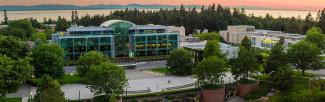 An aerial view of Koerner Library