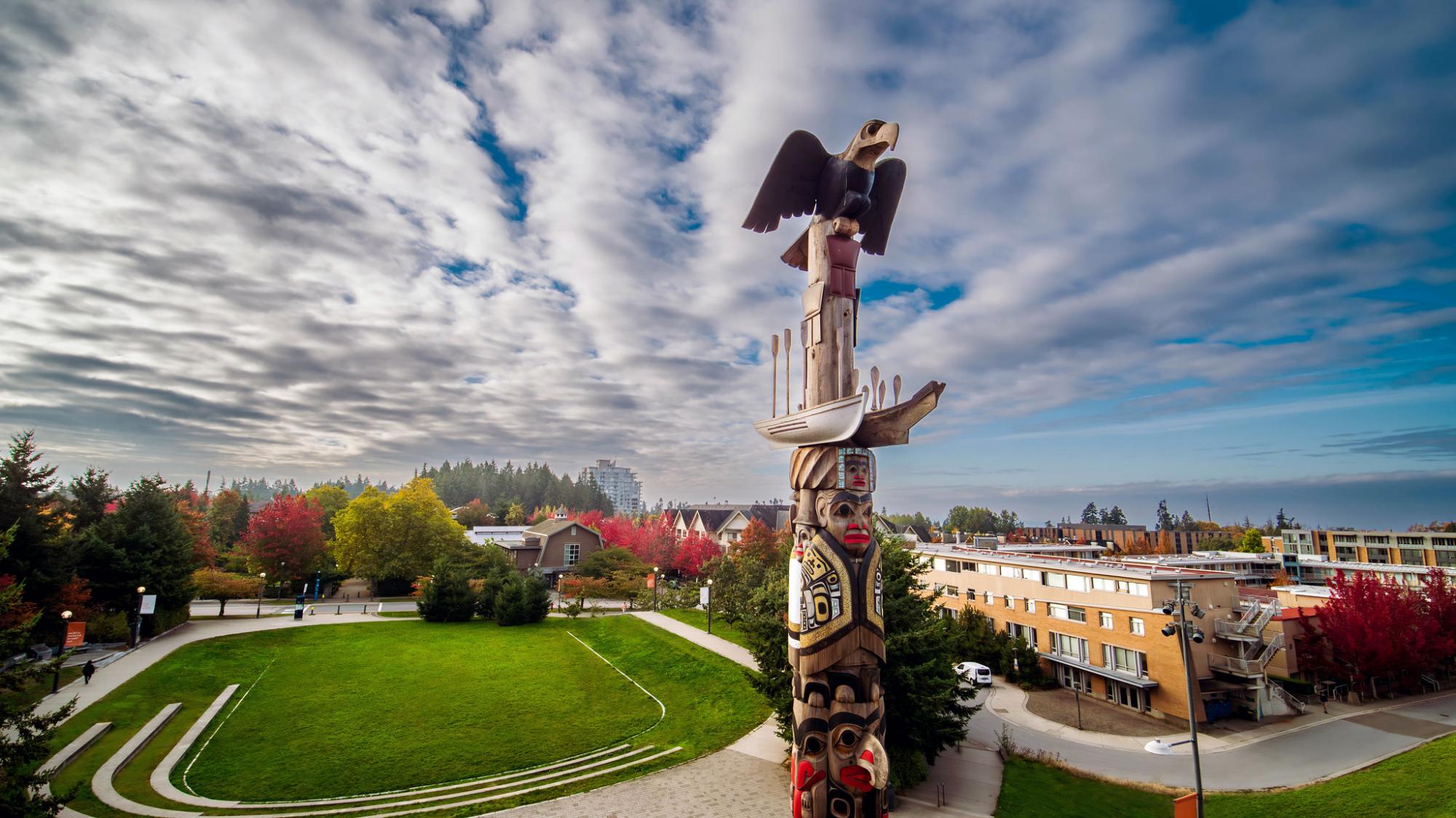 The Reconciliation Pole, the south end of the UBC Vancouver campus beside the Forest Sciences Centre, overlooking Thunderbird residences and the Old Barn community centre